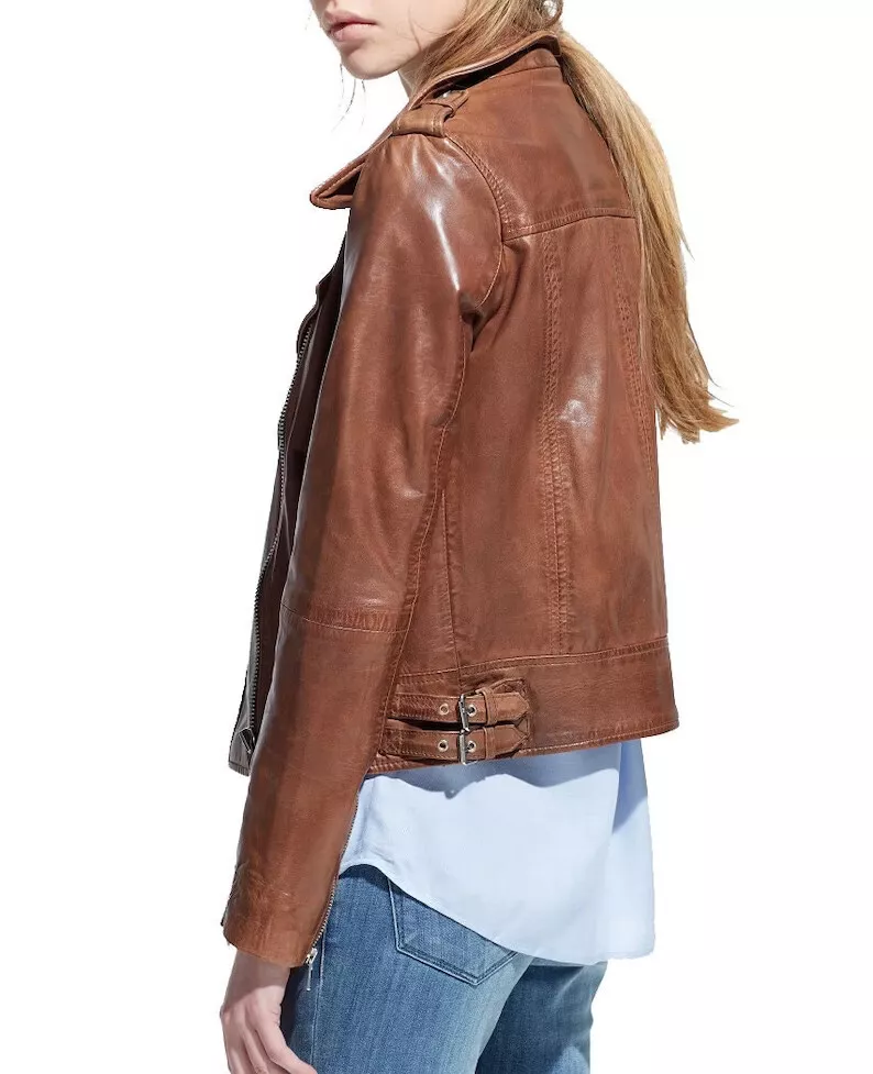 Women Brown Vintage Style Motorcycle Cowhide Jacket | New Women Genuine Slim Fit Biker Sheepskin Cowhide Jacket - Image 2
