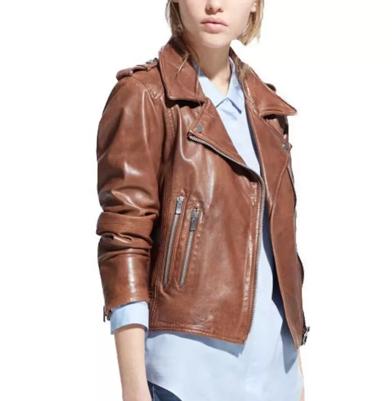 Women Brown Vintage Style Motorcycle Cowhide Jacket | New Women Genuine Slim Fit Biker Sheepskin Cowhide Jacket - Image 3