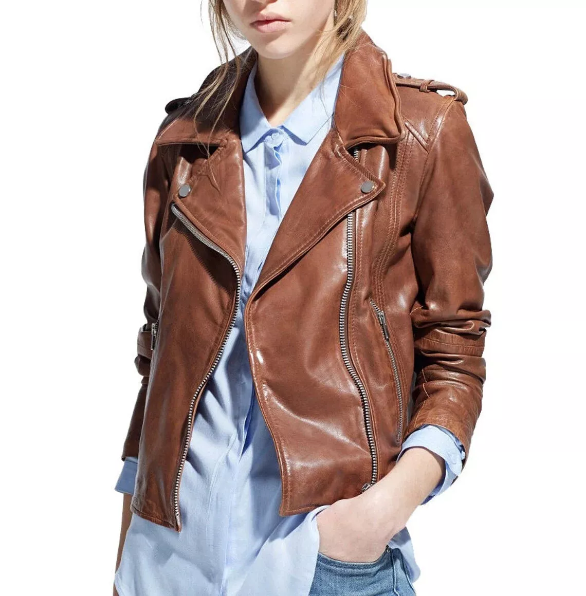 Women Brown Vintage Style Motorcycle Cowhide Jacket | New Women Genuine Slim Fit Biker Sheepskin Cowhide Jacket