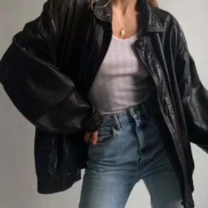 Women Fashion Cowhide Jacket Vintage Cowhide Oversized Bomber Jacket Outfit
