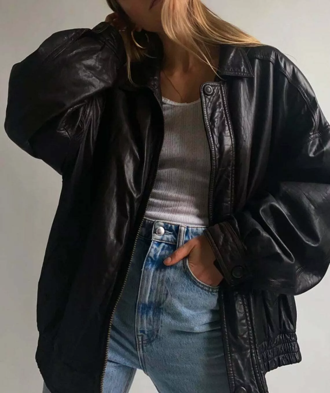 Women Fashion Cowhide Jacket Vintage Cowhide Oversized Bomber Jacket Outfit