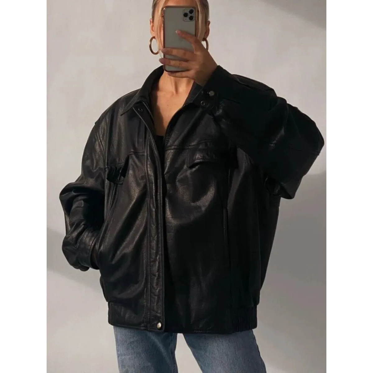 Women Oversize 90's Motorcycle Black Vintage Style Bomber Cowhide Jacket - Image 2