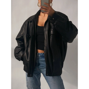 Women Oversize 90's Motorcycle Black Vintage Style Bomber Cowhide Jacket