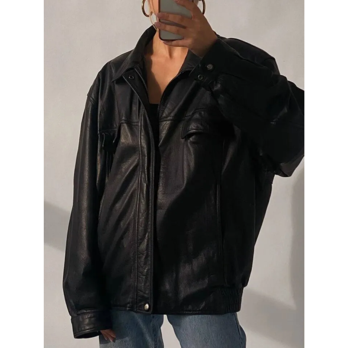 Women Oversize 90's Motorcycle Black Vintage Style Bomber Cowhide Jacket - Image 4