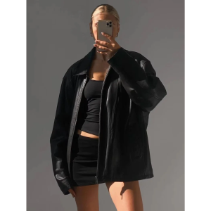 Women Premium Black Straight Fit Moto Bomber Jacket, Ladies real Oversize jacket