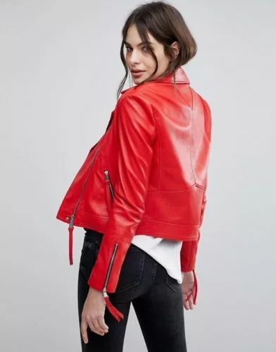 Women’s Red Cowhide Jacket Genuine real Soft Cowhide Motor Biker Belted Jacket - Image 4