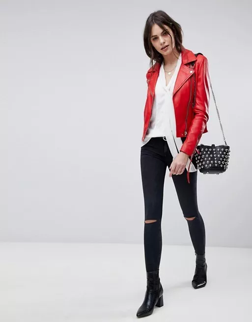 Women’s Red Cowhide Jacket Genuine real Soft Cowhide Motor Biker Belted Jacket - Image 5