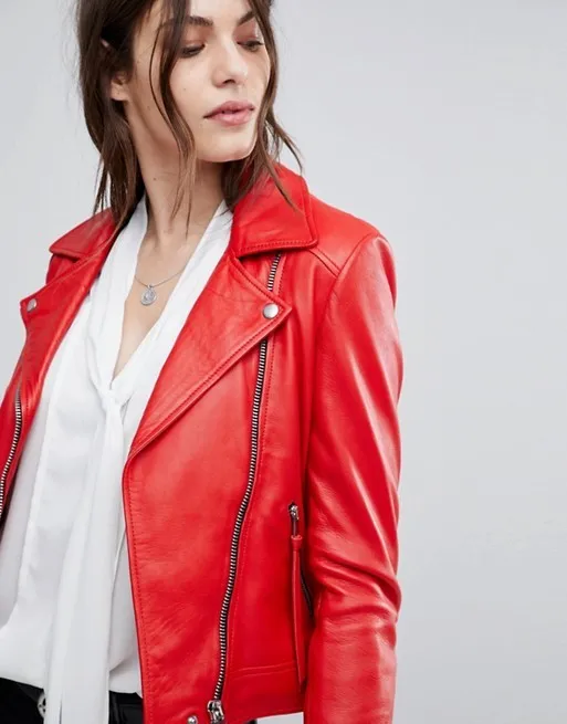 Women’s Red Cowhide Jacket Genuine real Soft Cowhide Motor Biker Belted Jacket - Image 2