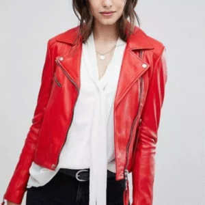 Women’s Red Cowhide Jacket Genuine real Soft Cowhide Motor Biker Belted Jacket