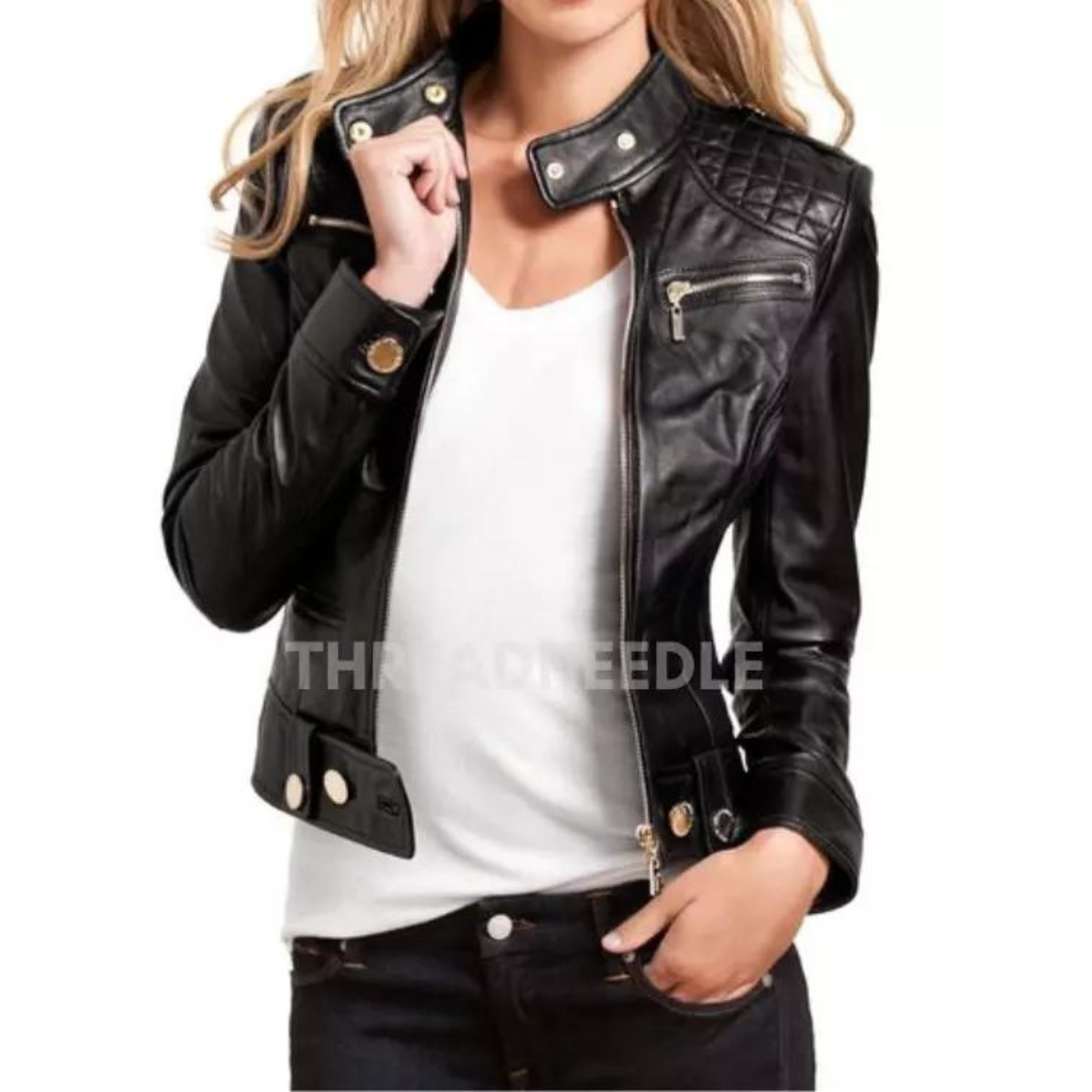 Women Slim Fit Black Moto Style Biker Real Cowhide Jacket For Ladies - Image 3
