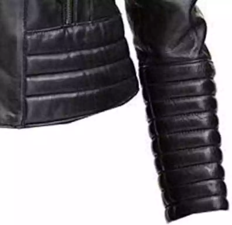 Quilted Black Moto Biker Motorcycle Hooded Womens Real Cowhide Jacket - Image 2