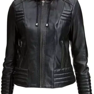 Quilted Black Moto Biker Motorcycle Hooded Womens Real Cowhide Jacket
