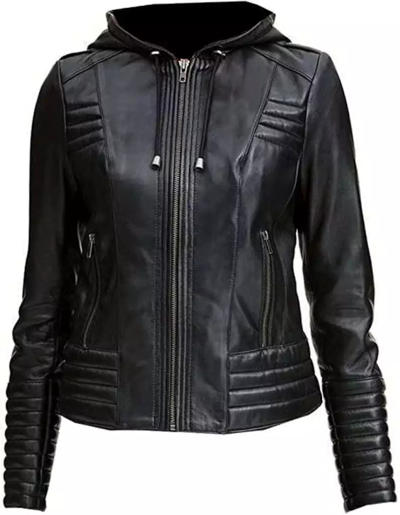 Quilted Black Moto Biker Motorcycle Hooded Womens Real Cowhide Jacket