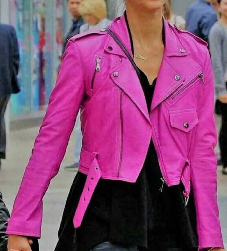 Women's HOT PINK Motorcycle Biker Jacket 100% Authentic real Cowhide Jacket