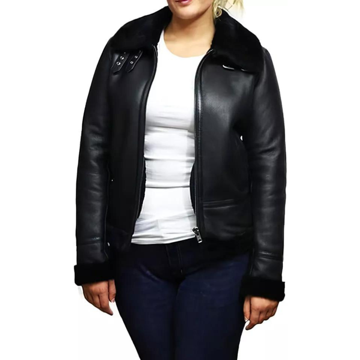 Women's Real B3 Shearling Sheepskin Cowhide Bomber Flight WW2 Winter Jacket - Image 3