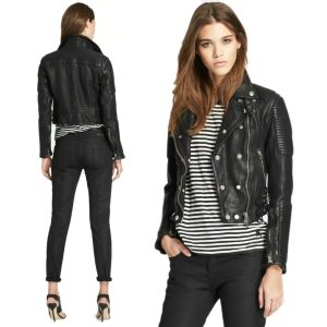 Womens Genuine real Cowhide Motorcycle Slim fit Designer Biker Jacket Black