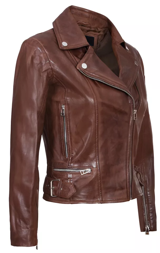 Womens Cowhide Jacket Classic Biker Style Brown 100% Real Cowhide Jacket Brando - Image 2