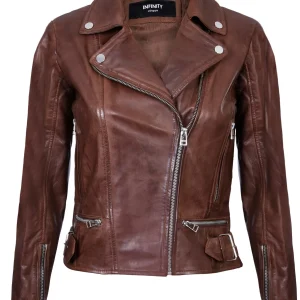 Womens Cowhide Jacket Classic Biker Style Brown 100% Real Cowhide Jacket Brando