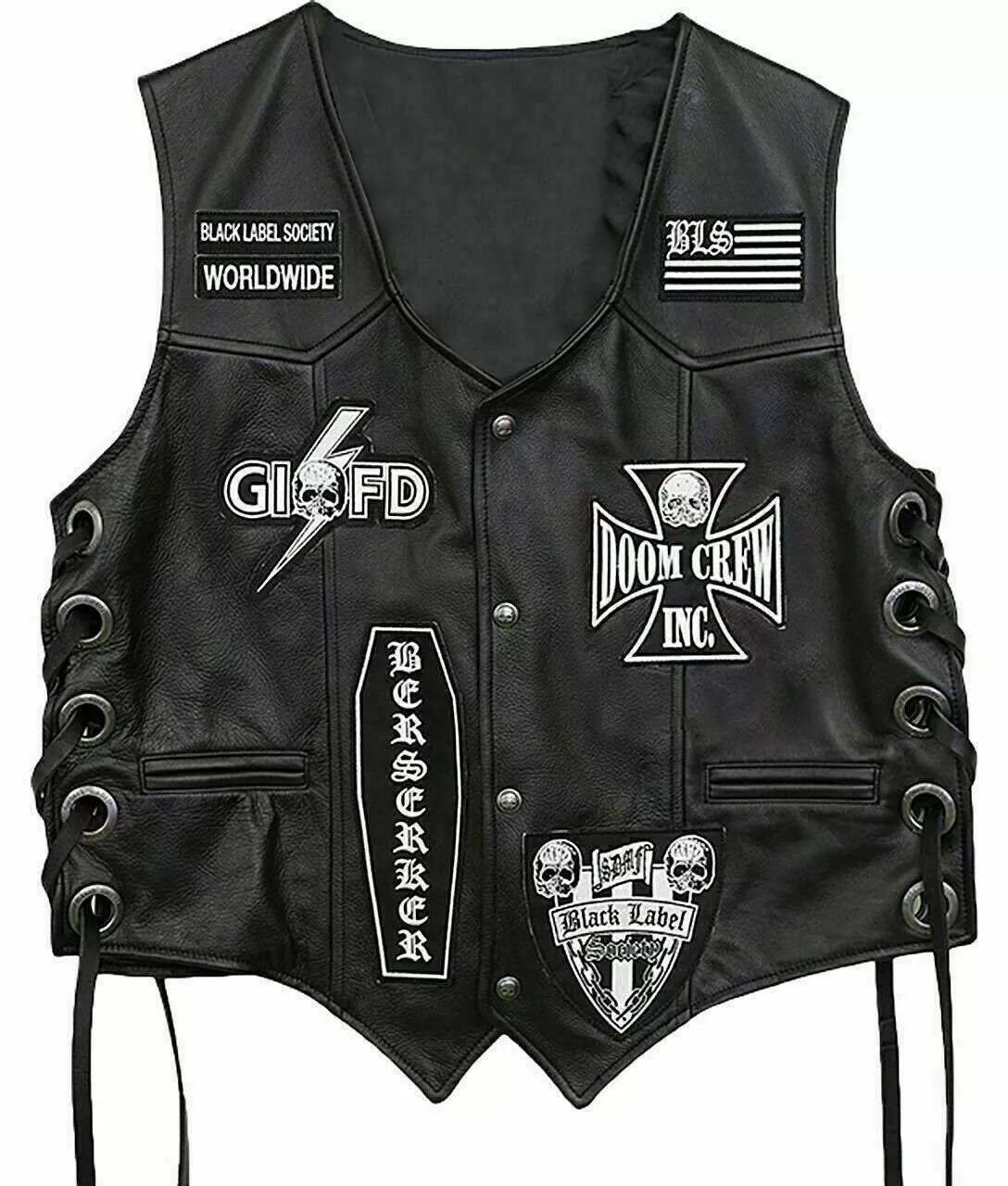 Zakk Wylde Black Label Society Biker Genuine Cowhide Vest Jacket BLS Patches