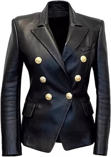 kim kardashian Double Breasted Slim Fit Sheepskin Cowhide Blazer For Women