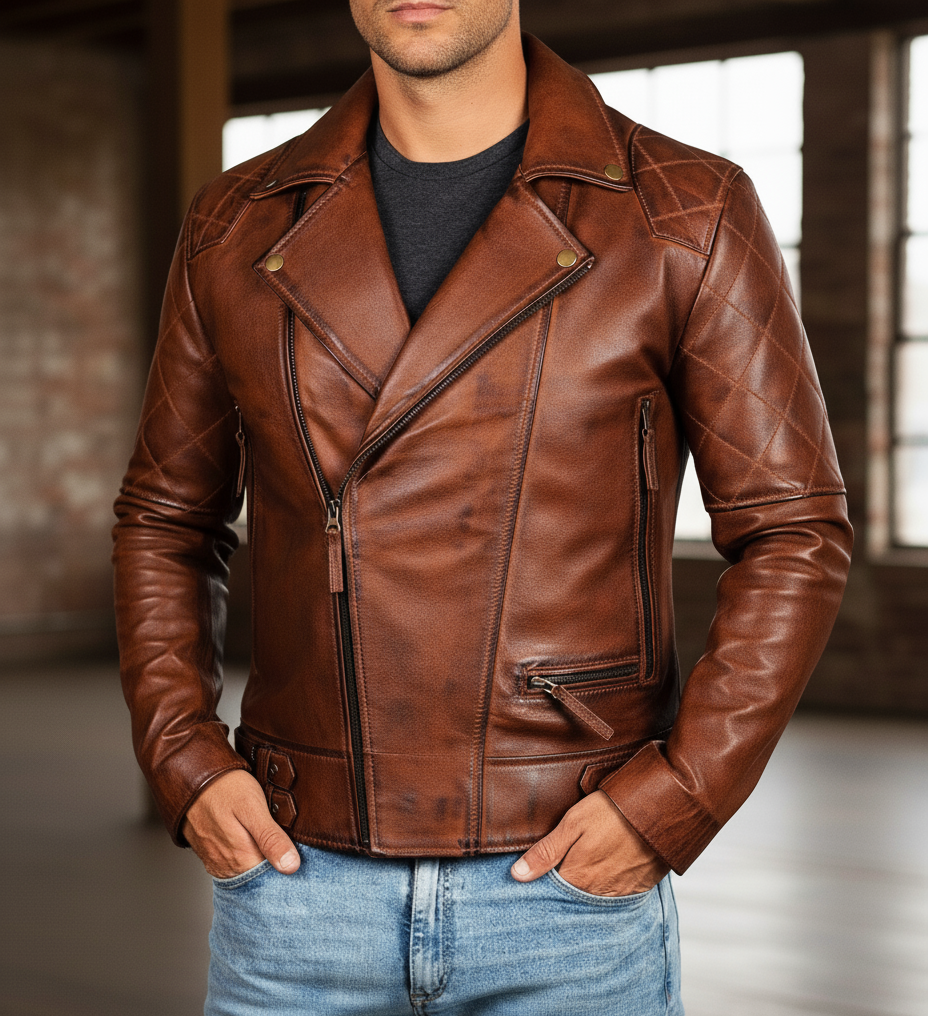 Men's Distressed Brown Cowhide Motorcycle Jacket
