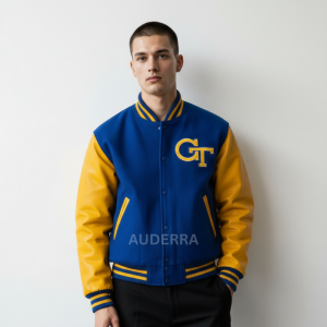 Georgia Tech 90’s Blue Wool Genuine Cowhide Sleeves Varsity Letterman Men Jacket