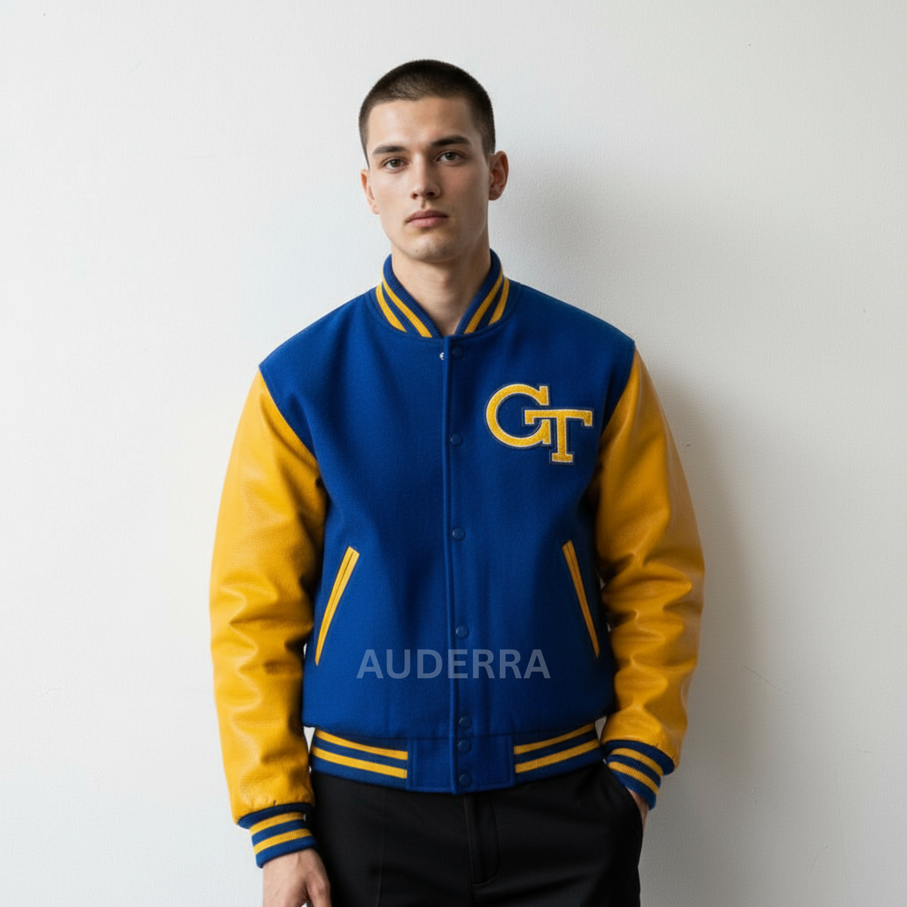 Georgia Tech 90’s Blue Wool Genuine Cowhide Sleeves Varsity Letterman Men Jacket