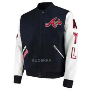 Atlanta Braves ATL Navy Blue Wool Genuine Cowhide Letterman Men's Varsity Jacket
