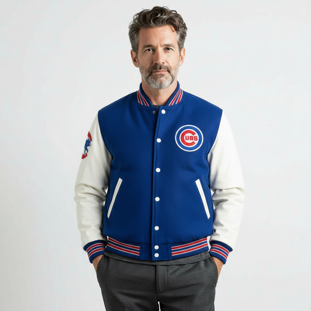 Chicago Cubs Blue Wool & White Genuine Cowhide Sleeves Varsity Letterman Jacket - Image 2