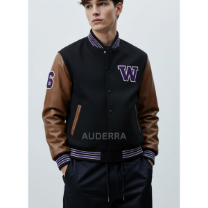 Washington Huskies Black Wool Genuine Cowhide Sleeves Letterman Varsity Jacket