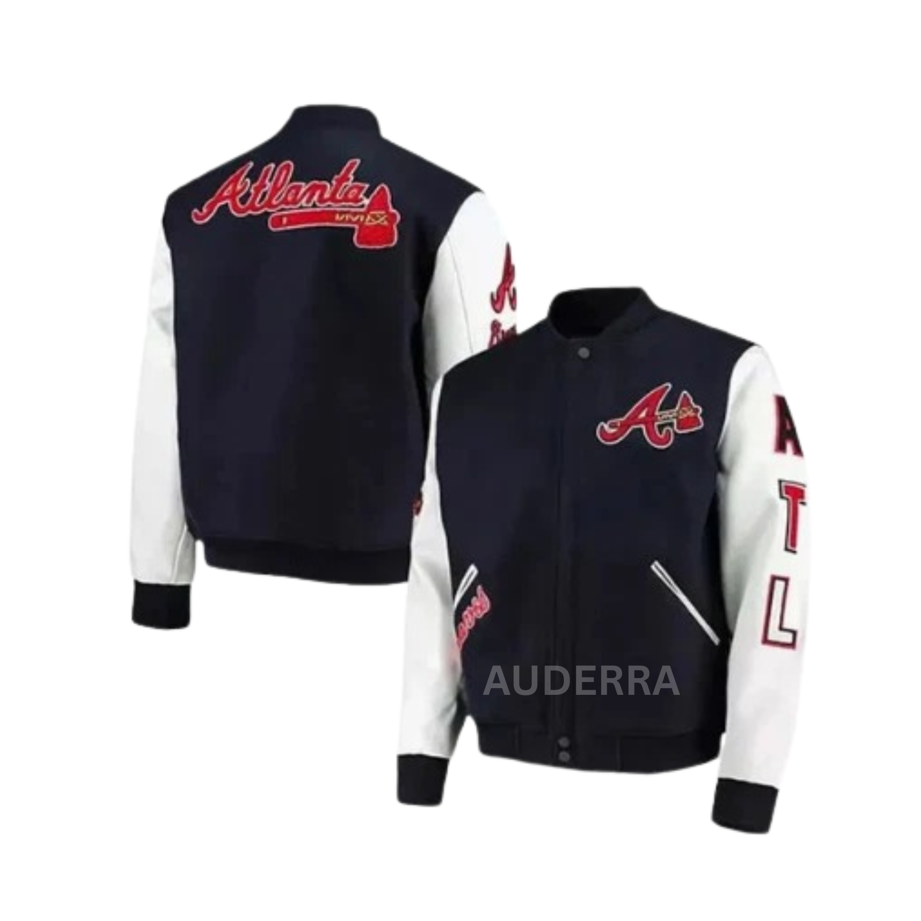 Atlanta Braves ATL Navy Blue Wool Genuine Cowhide Letterman Men's Varsity Jacket - Image 4