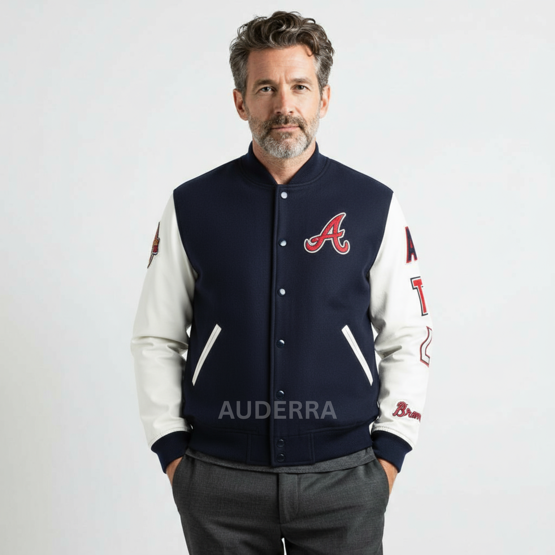 Atlanta Braves ATL Navy Blue Wool Genuine Cowhide Letterman Men's Varsity Jacket