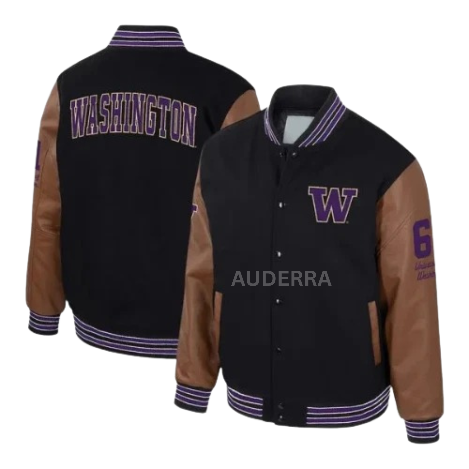 Washington Huskies Black Wool Genuine Cowhide Sleeves Letterman Varsity Jacket - Image 4