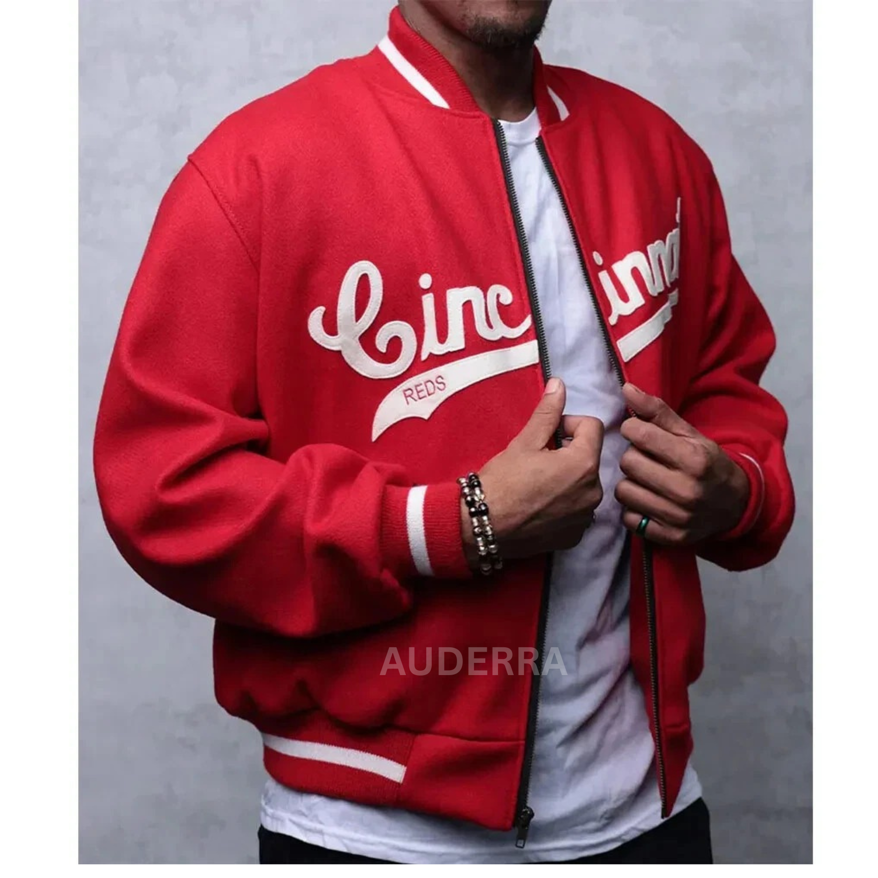 1969 Cincinnati Reds Full-Zip Red Wool Varsity Men's Letterman Bomber Jacket - Image 3