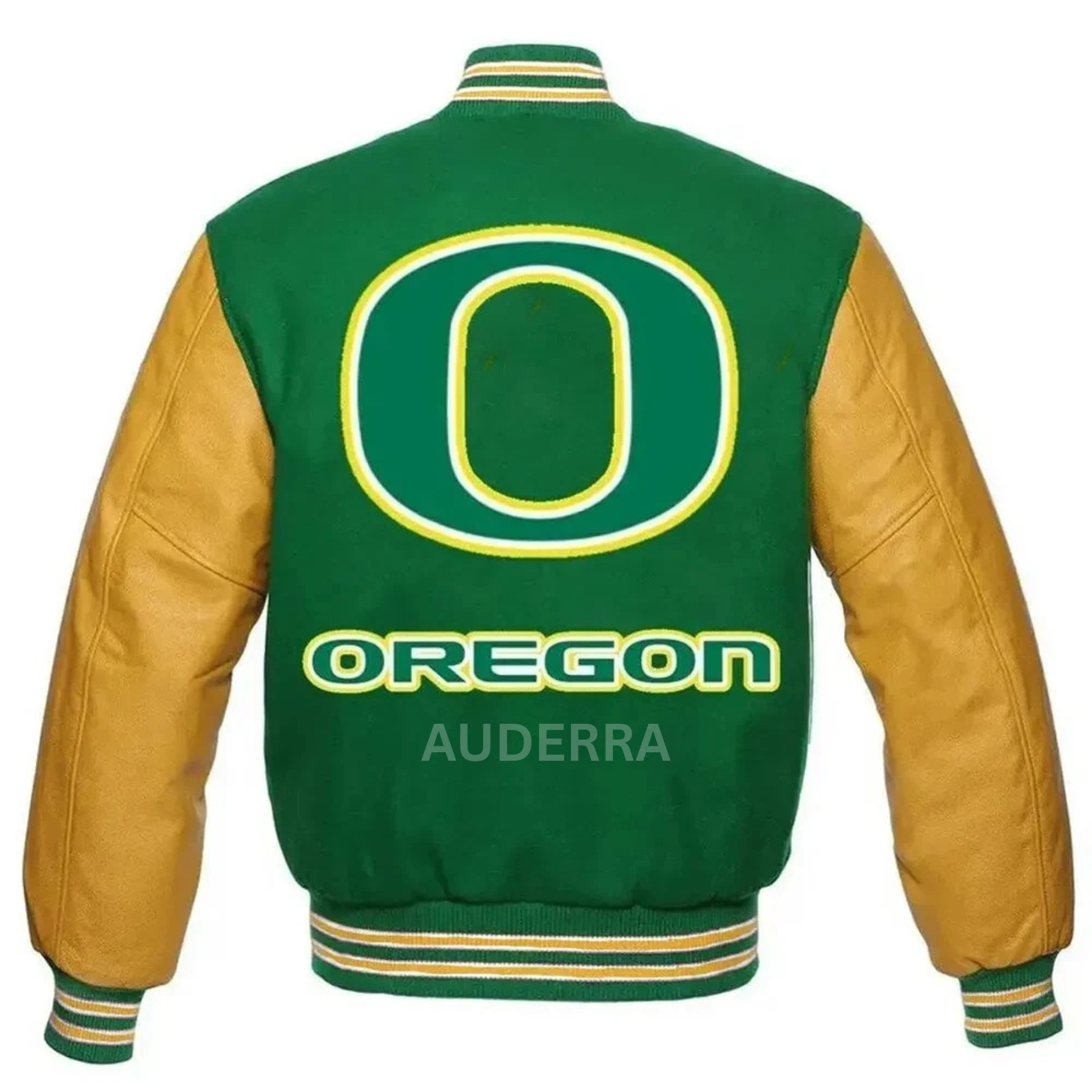Oregon Ducks Green Wool Genuine Cowhide Sleeves Letterman Varsity Women's Jacket - Image 3