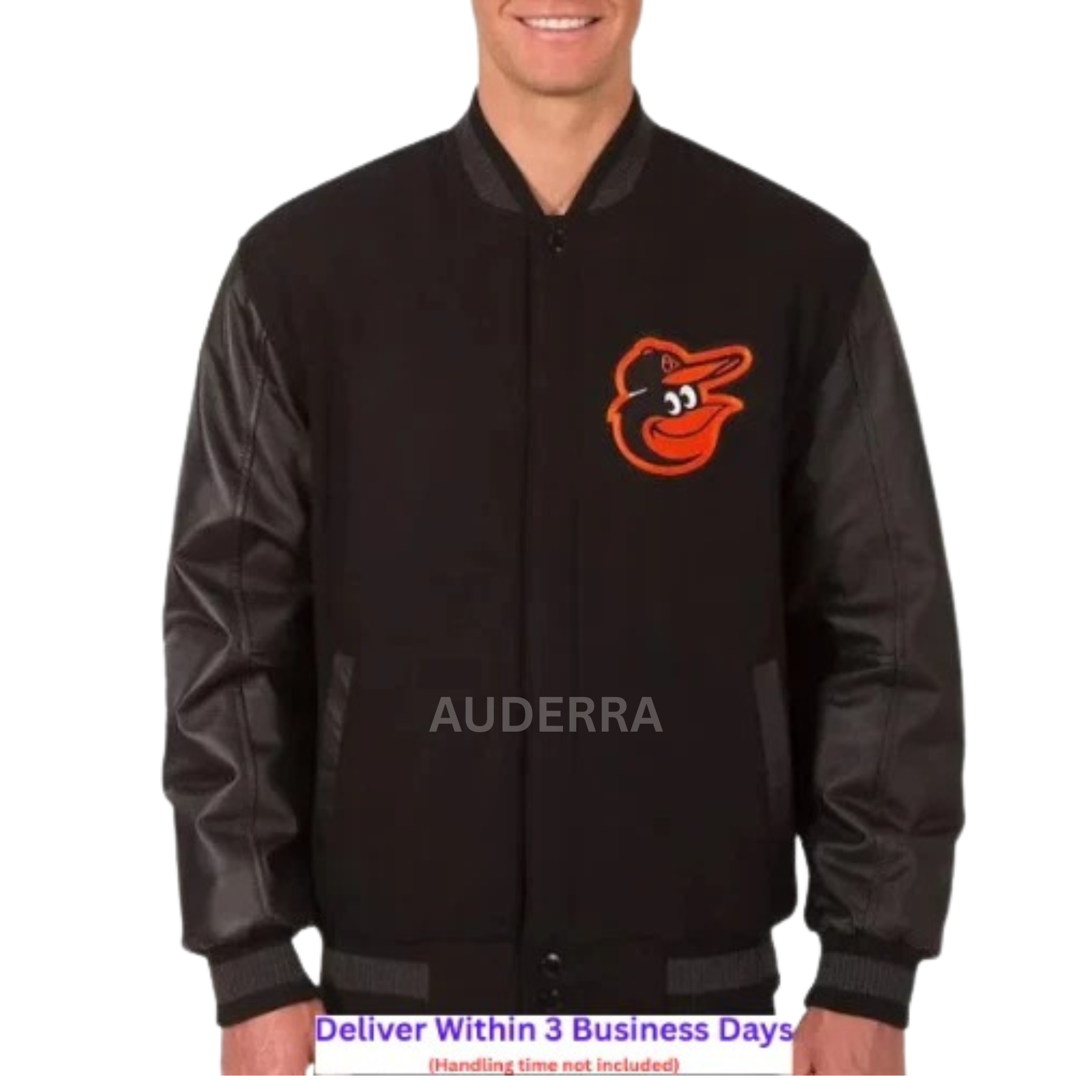 Baltimore Orioles Black Wool and Genuine Cowhide Varsity Letterman Men's Jacket - Image 4