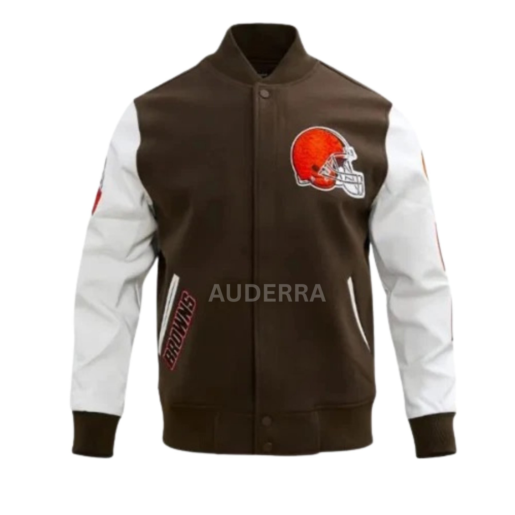 Cleveland Browns Brown Wool Genuine White Cowhide Varsity Women_s Letterman Jacket - Image 3