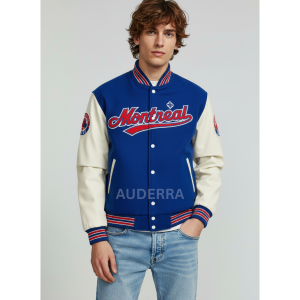 Montreal Expos Blue Wool White Genuine Cowhide Sleeves Varsity Letterman Jacket