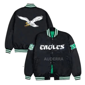 Philadelphia Eagles Full-Snap Black Satin Bomber Women_s Varsity Letterman Jacket