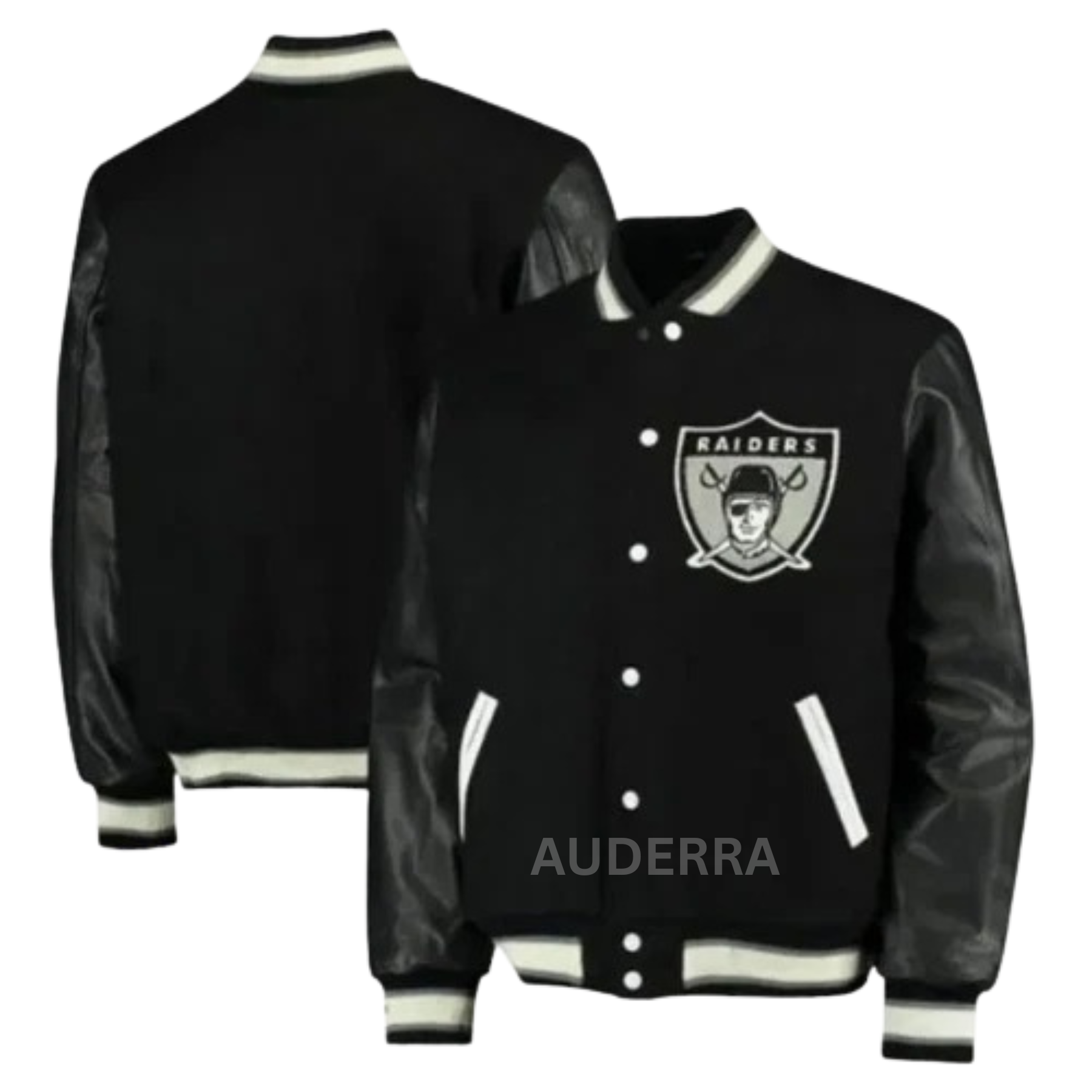 Oakland Raiders Black Wool Genuine Cowhide Letterman Varsity Women's Bomber Jacket - Image 2