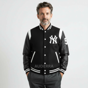 NY Yankees Sailor Collar Varsity Black Wool Men's Letterman Bomber Men Jacket