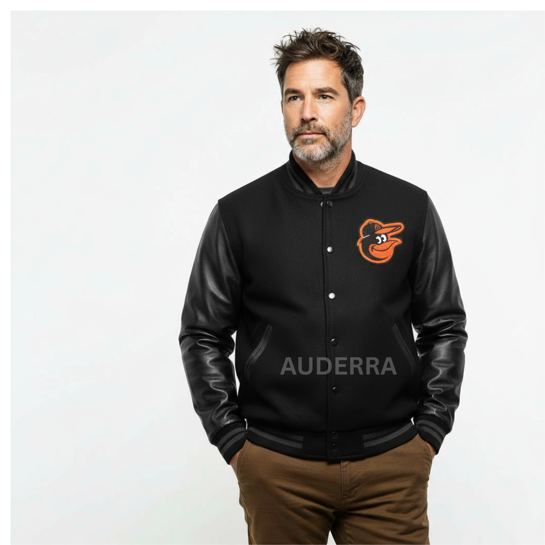 Baltimore Orioles Black Wool and Genuine Cowhide Varsity Letterman Men's Jacket