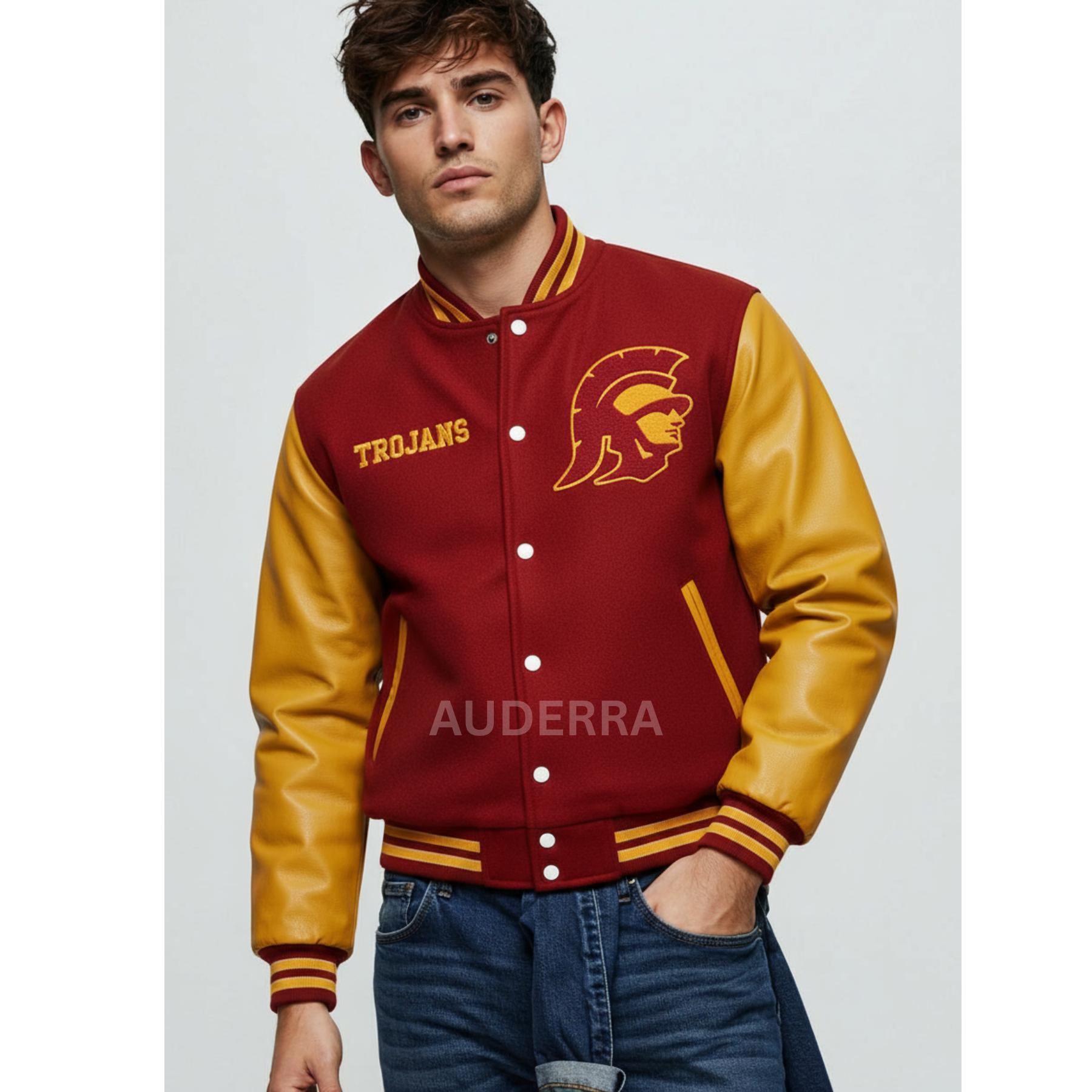 California USC Trojans Red Wool and Gold Cowhide Varsity Letterman Men's Jacket