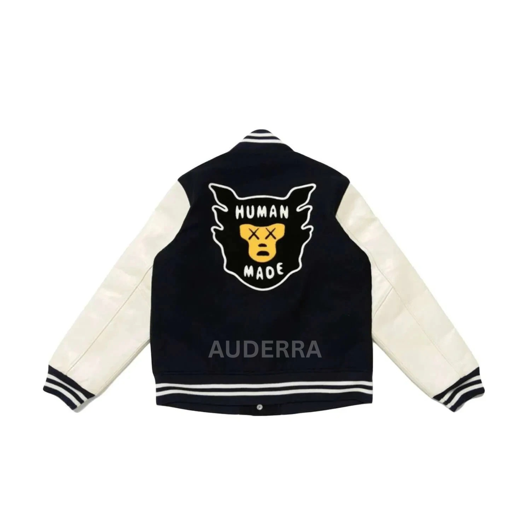 Human Made Kaws Black Wool White Cowhide Sleeves Varsity Letterman Men's Jacket - Image 5