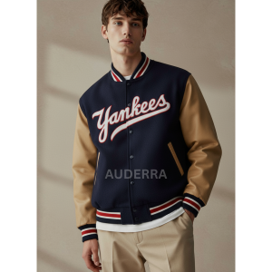 NY Yankees Y2K World Series Varsity Wool Genuine Cowhide Sleeves Bomber Jacket
