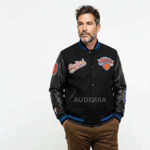 NY Knicks Script Tail Varsity Black Wool Genuine Cowhide Sleeves Men's Jacket