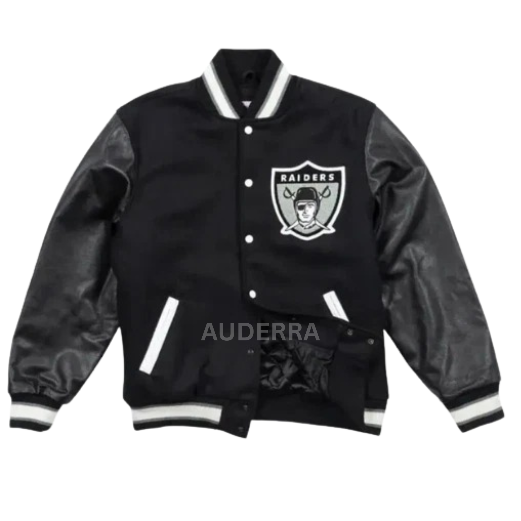 Oakland Raiders Black Wool Genuine Cowhide Letterman Varsity Women's Bomber Jacket - Image 3