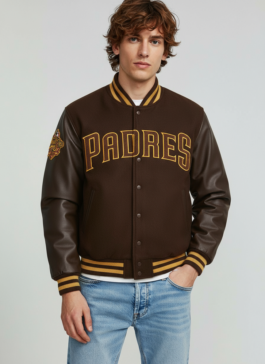 San Diego Padres Brown Wool Full-Snap Varsity Women's Letterman Bomber Jacket