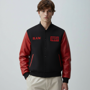 Raw is War Retro Black Wool Red Genuine Cowhide Varsity Women's Letterman Jacket