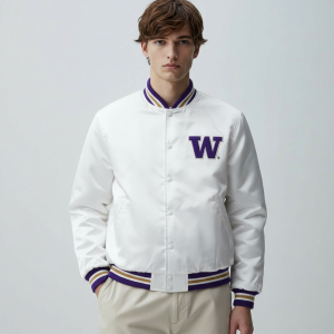 Washington Huskies White Button Up Full-Snap Satin Bomber Letterman Men's Jacket
